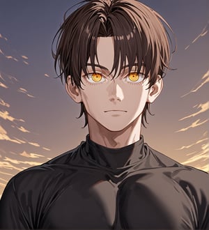 score_9,1boy, men, solo, looking at the viewer, 17 years old, (face view), dark brown hair, baggy eyes  (ringed eyes, yellow eyes, Beautiful eyes, muscular arms, defined body), (masterpiece, best quality, modell, official art, beautiful and aesthetic:1.2), dark colors, black shirt, hayato gokudera, outdoors, 