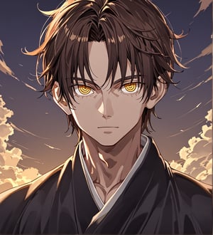 score_9,1boy, men, solo, looking at the viewer, 17 years old, (face view), dark brown hair, baggy eyes  (ringed eyes, yellow eyes, Beautiful eyes, muscular arms, defined body), (masterpiece, best quality, modell, official art, beautiful and aesthetic:1.2), dark colors, kimono, hayato gokudera, outdoors, 