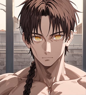 score_9,1boy, men, solo, looking at the viewer, 17 years old, (face view), dark brown hair, baggy eyes  (ringed eyes, yellow eyes, Beautiful eyes, muscular arms, defined body), (masterpiece, best quality, modell, official art, beautiful and aesthetic:1.2), dark colors, hayato gokudera, outdoors, 