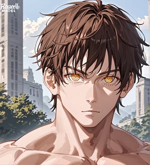 score_9,1boy, men, solo, looking at the viewer, 17 years old, (face view), dark brown hair, baggy eyes, (ringed eyes, yellow eyes, Beautiful eyes, muscular arms, defined body), (masterpiece, best quality, modell, official art, beautiful and aesthetic:1.2), dark colors, outdoors, 