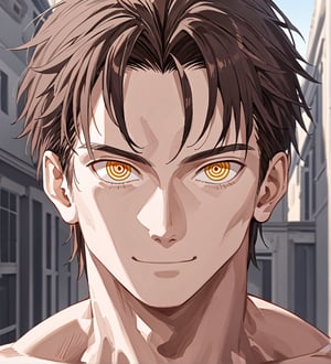 score_9,1boy, men, solo, looking at the viewer, 17 years old, (face view), dark brown hair, baggy eyes, smile, (ringed eyes, yellow eyes, Beautiful eyes, muscular arms, defined body), (masterpiece, best quality, modell, official art, beautiful and aesthetic:1.2), dark colors, hayato gokudera, outdoors, 