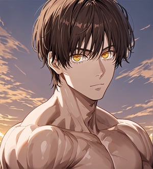 score_9,1boy, men, solo, looking at the viewer, 17 years old, (face view), dark brown hair, baggy eyes  (ringed eyes, yellow eyes, Beautiful eyes, muscular arms, defined body), (masterpiece, best quality, modell, official art, beautiful and aesthetic:1.2), dark colors, hayato gokudera, outdoors, 