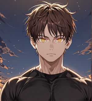 score_9,1boy, men, solo, looking at the viewer, 17 years old, (face view), dark brown hair, baggy eyes  (ringed eyes, yellow eyes, Beautiful eyes, muscular arms, defined body), (masterpiece, best quality, modell, official art, beautiful and aesthetic:1.2), dark colors, black shirt, hayato gokudera, outdoors, 