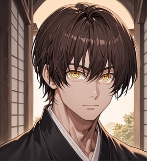 score_9,1boy, men, solo, looking at the viewer, 17 years old, (face view), dark brown hair, baggy eyes  (ringed eyes, yellow eyes, Beautiful eyes, muscular arms, defined body), (masterpiece, best quality, modell, official art, beautiful and aesthetic:1.2), dark colors, kimono, hayato gokudera, outdoors, 