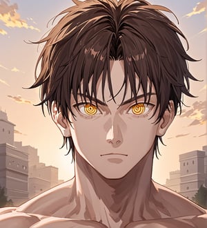 score_9,1boy, men, solo, looking at the viewer, 17 years old, (face view), dark brown hair, baggy eyes  (ringed eyes, yellow eyes, Beautiful eyes, muscular arms, defined body), (masterpiece, best quality, modell, official art, beautiful and aesthetic:1.2), dark colors, hayato gokudera, outdoors, 