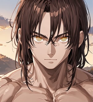 score_9,1boy, men, solo, looking at the viewer, 17 years old, (face view), dark brown hair, baggy eyes, (ringed eyes, yellow eyes, Beautiful eyes, muscular arms, defined body), (masterpiece, best quality, modell, official art, beautiful and aesthetic:1.2), dark colors, outdoors, 