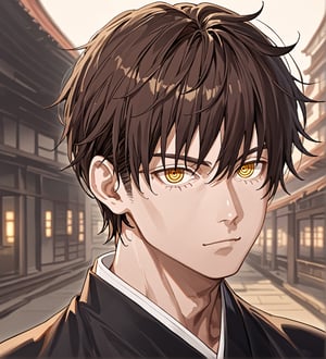 score_9,1boy, men, solo, looking at the viewer, 17 years old, (face view), dark brown hair, baggy eyes  (ringed eyes, yellow eyes, Beautiful eyes, muscular arms, defined body), (masterpiece, best quality, modell, official art, beautiful and aesthetic:1.2), dark colors, kimono, hayato gokudera, outdoors, 