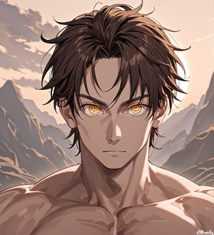 score_9,1boy, men, solo, looking at the viewer, 17 years old, (face view), dark brown hair, baggy eyes, (ringed eyes, yellow eyes, Beautiful eyes, muscular arms, defined body), (masterpiece, best quality, modell, official art, beautiful and aesthetic:1.2), dark colors, outdoors, 