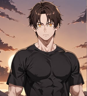 score_9,1boy, men, solo, looking at the viewer, 17 years old, (face view), dark brown hair, baggy eyes  (ringed eyes, yellow eyes, Beautiful eyes, muscular arms, defined body), (masterpiece, best quality, modell, official art, beautiful and aesthetic:1.2), dark colors, black t-shirt, hayato gokudera, outdoors, 