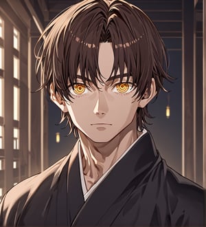 score_9,1boy, men, solo, looking at the viewer, 17 years old, (face view), dark brown hair, baggy eyes  (ringed eyes, yellow eyes, Beautiful eyes, muscular arms, defined body), (masterpiece, best quality, modell, official art, beautiful and aesthetic:1.2), dark colors, kimono, hayato gokudera, outdoors, 