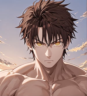 score_9,1boy, men, solo, looking at the viewer, 17 years old, (face view), dark brown hair, baggy eyes  (ringed eyes, yellow eyes, Beautiful eyes, muscular arms, defined body), (masterpiece, best quality, modell, official art, beautiful and aesthetic:1.2), dark colors, hayato gokudera, outdoors, 