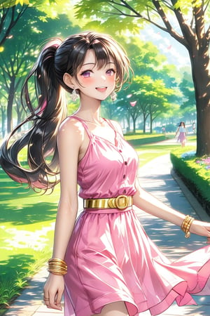 Very pretty girl, casual outfit (silver earrings, pink summer dress, gold hairpin, bare shoulders, bracelets), ponytail hairstyle, masterpiece quality, big park in background, it's days, sunny, sun rays, trees, walking, looking at viewer, little smile, medium shot, stunning image, light particles, Anime style.