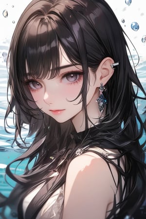 1girl, solo, long hair,  pony hairstyle, looking at viewer, blush, side bangs, black hair ornament, jewelry, black eyes, wavy hair, earrings, cute outfit, parted lips, blurry, eyelashes, ((masterpiece: 2)), excellent quality, light particles, water drop, ((stunning_image: 1.5)), Anime art style.