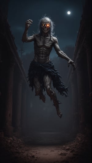 A menacing spirit with an ashen, decayed face, eyes glowing with a cold, dead light. Its body is semi-transparent, with twisted, unnatural limbs that seem to bend in impossible directions. The spirit's tattered clothing flutters as though caught in an invisible wind, and it hovers eerily above the ground. Dark energy crackles around it, and its disembodied hands reach out with an unnatural hunger. The setting is an abandoned, crumbling temple under a full moon, with shadows dancing on the walls as the apparition drifts silently, bringing a chilling presence that freezes the air around it. Sprit has a weapon in his hand