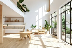 A bright and airy minimalist Scandinavian-style interior with plenty of natural light pouring in through the large windows. The walls are painted a crisp white, and the floors are made of light-colored wood. The furniture is simple and understated, with clean lines and minimal ornamentation. A few well-placed plants add a touch of greenery to the space. The overall feel is calm, serene, and inviting. In the center of the room, warm sunlight streaming through the windows,