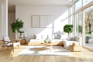 A bright and airy minimalist Scandinavian-style interior with plenty of natural light pouring in through the large windows. The walls are painted a crisp white, and the floors are made of light-colored wood. The furniture is simple and understated, with clean lines and minimal ornamentation. A few well-placed plants add a touch of greenery to the space. The overall feel is calm, serene, and inviting. In the center of the room, warm sunlight streaming through the windows, minimalist_interior