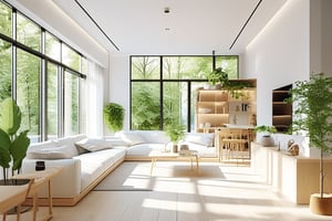 A bright and airy minimalist Scandinavian-style interior with plenty of natural light pouring in through the large windows. The walls are painted a crisp white, and the floors are made of light-colored wood. The furniture is simple and understated, with clean lines and minimal ornamentation. A few well-placed plants add a touch of greenery to the space. The overall feel is calm, serene, and inviting. In the center of the room, warm sunlight streaming through the windows,