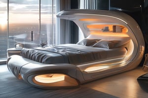 masterpiece, top quality, best quality, official art, beautiful and aesthetic, extreme detailed, an automated bed with adjustable settings and built-in lighting, futuristic curves and smooth, soft materials, placed in a high-tech bedroom with a panoramic window