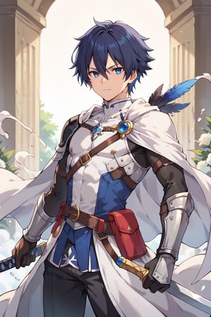 score_9, score_8_up, score_7_up, solo, eye contact, short hair, bangs, blue eyes, dark hair, gloves, one boy, holding, hair between eyes, closed mouth, blue hair, standing, weapon, male center, cowboy shot, wings, sword, cape, holding weapon, armor, sword Feather Gauntlets, White Cloak, Pillar, Erection, Covered in white fluid, Many shining white flowers dancing, Abdomen