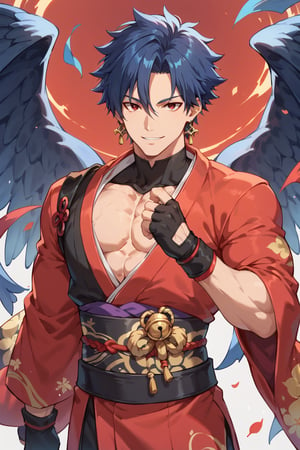 score_9, score_8_up, score_7_up, solo, eye contact, smile, short hair, red eyes, gloves, 1 boy, accessories, blue hair, male center, earrings, kimono, wings, fingerless gloves, pectoral muscles