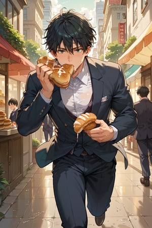 (score 9, score 8_up, score 7_up, score 6_up, score 5_up, score 4_up), best quality, masterpiece, one man, male focus, running while eating bread, wearing suit, sweat, suit messy, muscular, 20-year-old male, city, running, sprinting, black hair