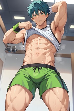 solo, 1boy, navel, green eyes, blue hair, male focus, sweat, green hair, shorts, clothes lift, muscular, shirt lift, abs, wristband, toned, sportswear, exercise