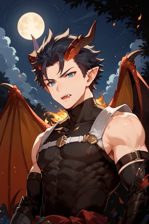 score_9, score_8_up, score_7_up, solo, short hair, blue eyes, black hair, one boy, mouth closed, upper body, male focus, outdoors, wings, horns, sky, pointy ears, armor, looking at viewer, night, moon, fire, spiked hair, night sky, full moon, dragon horns, toned, toned male, dragon wings, tongue out, glaring, sharp claws, fangs, brown, black skin, cowboy shot, dragon tail, flaming tip of tail