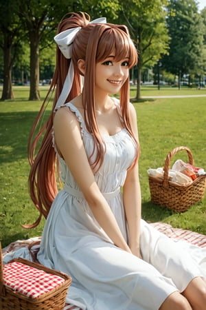 score_9, score_8_up,score_7_up, Monika_Doki_doki_literature_club, solo, 1girl, park, outside, picnic basket, sitting, smile, happy, grass