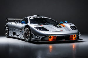 A 1995 McLaren F1 GTR (#41),Dominant,Dimly Lit Garage,Sleek,Blue, Orange, Black,White Lights,Aggressive Aerodynamics,Prominent Rear Wing,Dark Gray Floor,Michelin Logo,Kenwood Logo,Imposing Stance,Competitive Spirit,Dramatic Lighting,Composition,Iconic Supercar,Ready to Pounce,Realistic,Landscape,Artistic,Creative,Surreal,Photo,realistic,landscape,artistic,creative,surreal,photo