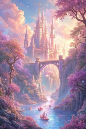 A mystical realm of wonder, where pastel-hued clouds drift across a sky of rose-gold and amethyst, overshadowing a landscape of crystal spires and luminescent wildflowers that shimmer with an ethereal glow, beneath which mythical Luminari creatures, with iridescent wings and tails that leave glittering trails, dance amidst iridescent wisps of fairy dust, as a crystal castle with towers that twist like sugar-glass and a dragon-guarded drawbridge that arcs like a rainbow, rises above the whispering crystal forest where ancient tree-beings with leaves that shimmer like the moon and branches that hum a gentle melody, stand sentinel over a shimmering river of stardust that flows into a great shimmering lake, where a flotilla of boats shaped like swans and leaves and flowers, sail across waters that reflect the starry sky above, guided by gentle fey creatures with skin like moonlight and hair like stardust.