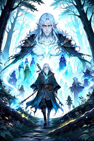 4K Wallpaper.  A decrepit old man with a long white beard and a scar over his left eye and leaning on a staff.  A dark elven princess with blue hair and a mystical glowing aura.  They are walking together through an eerie forest path with ghosts hiding behind the trees.