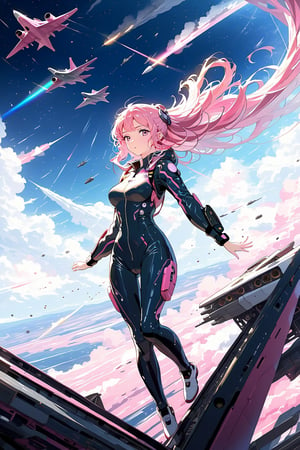 Masterpiece.  Perfect lighting.  4K wallpaper.  A stoic pink haired girl in a skintight flight suit climbing the cockpit of a white and black fight jet.