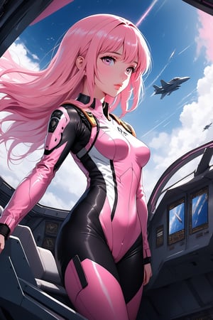 Masterpiece.  Perfect lighting.  4K wallpaper.  A stoic pink haired girl in a skintight flight suit climbing the cockpit of a white and black fight jet.