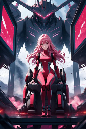 Masterpiece.  Perfect lighting.  4K wallpaper.  A stoic pink haired girl in a skintight red suit sitting in the cockpit of a giant robot.  In the view screen is a trail of destruction left in the robot's path.