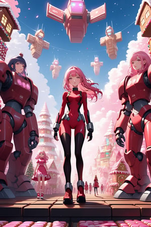 Masterpiece.  Perfect lighting.  4K wallpaper.  A stoic pink haired girl in a skintight red suit sitting on top of a giant robot as it walks through a row of gingerbread houses.