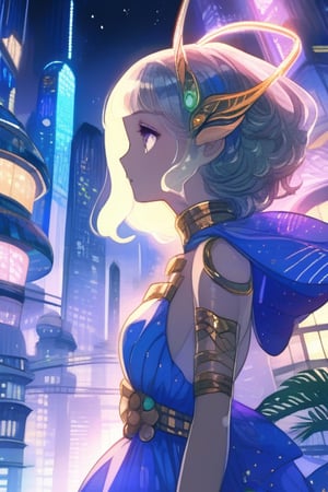 Futuristic cityscape at night.  A beautiful woman looks pensively at the dark night sky while shining vehicles fly by through the neon jungle.  Anime, 4K resolution.