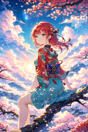 Masterpiece.  Perfect lighting. 4K wallpaper. A red headed Japanese girl sitting on a branch high up in a tree and marveling at the clouds.