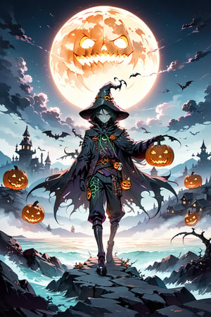 Masterpiece.  Perfect lighting. 4K wallpaper.  A thin sinister figure with a jack-o-lantern for a head beckoning the viewer to follow him towards a grim horizon.