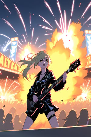 An all female heavy metal band playing hard in front of a crowd while pyrotechnics explode behind them.