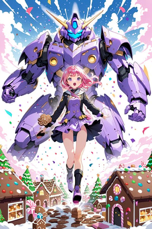 A pink haired girl piloting a giant purple robot stomping on a gingerbread house.