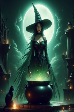 Masterpiece.  Perfect lighting.  8K wallpaper.  It is night.  The moon shines brightly overhead.  An attractive witch with piercing green eyes stands over a bubbling cauldron.  A black cat sits on a shelf behind her.