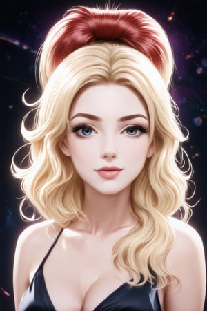 A captivating portrait of a mix blonde and red bun hair style with luscious, big wavy locks framing her radiant face. Behind her, a vibrant digital abstract visuals adds a pop of color to the serene atmosphere.,Enhance,Realistic Enhance,Cartoon