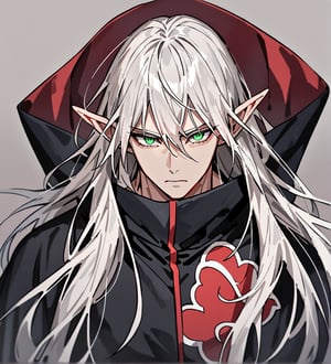 score_9,1boy, men, solo, upper body, focus male, long hair, white hair, baggy eyes , muscle body, green eyes, pointy ears, elf ears, soft skin, Beautiful eyes, defined body, dark colors,  akatsuki cloak,  akatsuki cloths,loose clothing, detailed eyes, normal  face, looking at the viewer,JeanKirstein, 