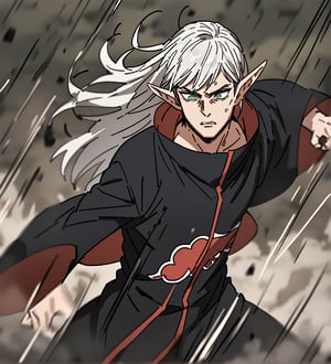 score_9,1boy, men, solo, half body, focus male, long hair, white hair, baggy eyes , muscle body, green eyes, pointy ears, elf ears, soft skin, Beautiful eyes, defined body, dark colors,  akatsuki cloak,  akatsuki cloths,loose clothing, detailed eyes, normal  face,JeanKirstein, battle position, battle, attack, martial artist, fight, movement lines, wind lines, move effect