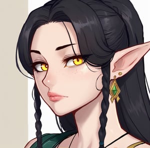 1girl, solo, long hair, looking at viewer, black hair, jewelry, closed mouth, yellow eyes, upper body,  braid, earrings, pointy ears, bag, colored skin, freckles,ratatatat74 artstyle,Eyes,Beautiful eyes, lips ,sexy lips