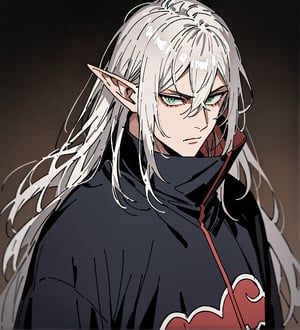 score_9,1boy, men, solo, upper body, focus male, long hair, white hair, baggy eyes , muscle body, green eyes, pointy ears, elf ears, soft skin, Beautiful eyes, defined body, dark colors,  akatsuki cloak,  akatsuki cloths,loose clothing, detailed eyes, normal  face, looking at the viewer,JeanKirstein, 