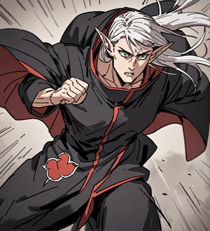 score_9,1boy, men, solo, half body, focus male, long hair, white hair, baggy eyes , muscle body, green eyes, pointy ears, elf ears, soft skin, Beautiful eyes, defined body, dark colors,  akatsuki cloak,  akatsuki cloths,loose clothing, detailed eyes, normal  face,JeanKirstein, battle position, battle, attack, martial artist, fight, movement lines, wind lines, move effect