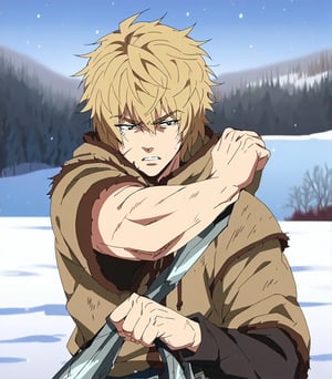 score_9, score_8_up, score_8, showing the entire body standing in the snow looking towards the horizon, he has two daggers in his hands(steel knifes), in battle position, battle, attack,
anime_screencap,good drawing, best quality,illustration, ,masterpiece, best qualit, 17 years old, hurts, scars, ,  y, highres, rag clothes, quiality face , happy, ((side angled view, body view, body fit)), 1 boy,Thorfinn ,blonde hair,short hair,eyes visible through hair,muscular,black eyes,background of a snowy forest, 