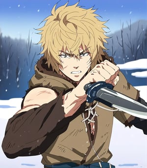 score_9, score_8_up, score_8, showing the entire body standing in the snow looking towards the horizon, he has one dagger in his hand(steel dagger)(quality dagger), in battle position, battle, attack,
anime_screencap,good drawing, best quality,illustration, ,masterpiece, best qualit, 17 years old, hurts, scars, ,  y, highres, rag clothes, quiality face , happy, ((side angled view, body view, body fit)), 1 boy,Thorfinn ,blonde hair,short hair,eyes visible through hair,muscular,black eyes,background of a snowy forest, 