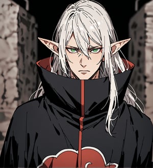 score_9,1boy, men, solo, upper body, focus male, long hair, white hair, baggy eyes , muscle body, green eyes, pointy ears, elf ears, soft skin, Beautiful eyes, defined body, dark colors,  akatsuki cloak,  akatsuki cloths,loose clothing, detailed eyes, normal face, looking at the viewer,JeanKirstein